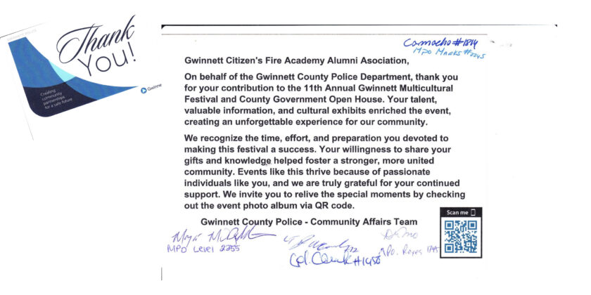 Appreciation Card From Gwinnett County Police – Community Affairs Team