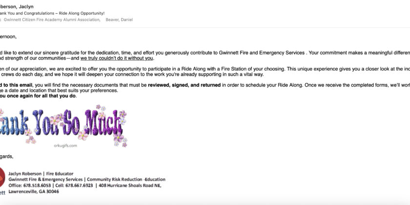 Appreciation – GFES – Voluntary Services – Ride Along – Fire Station