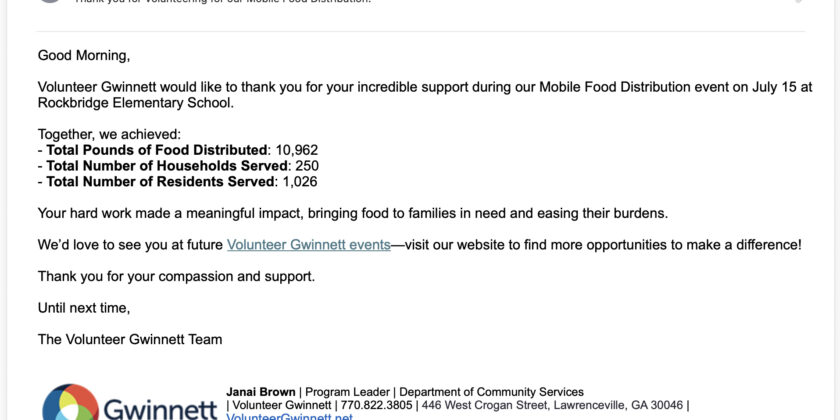 Appreciation – Mobile Food Distribution  -Janai Brown – Program Leader- Volunteer Gwinnett