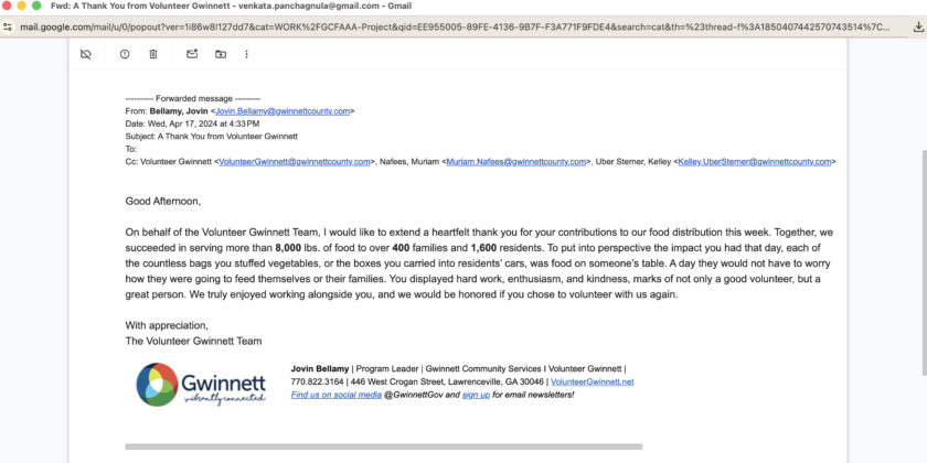 Appreciation – Volunteer Gwinnet — Apr-2024